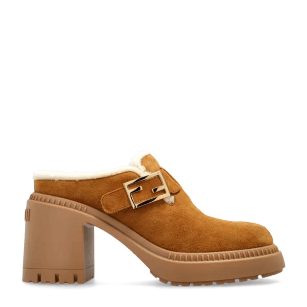 Fendi Tan Suede Shearling-Lined Mules with Gold Buckle - Picture 5 of 10